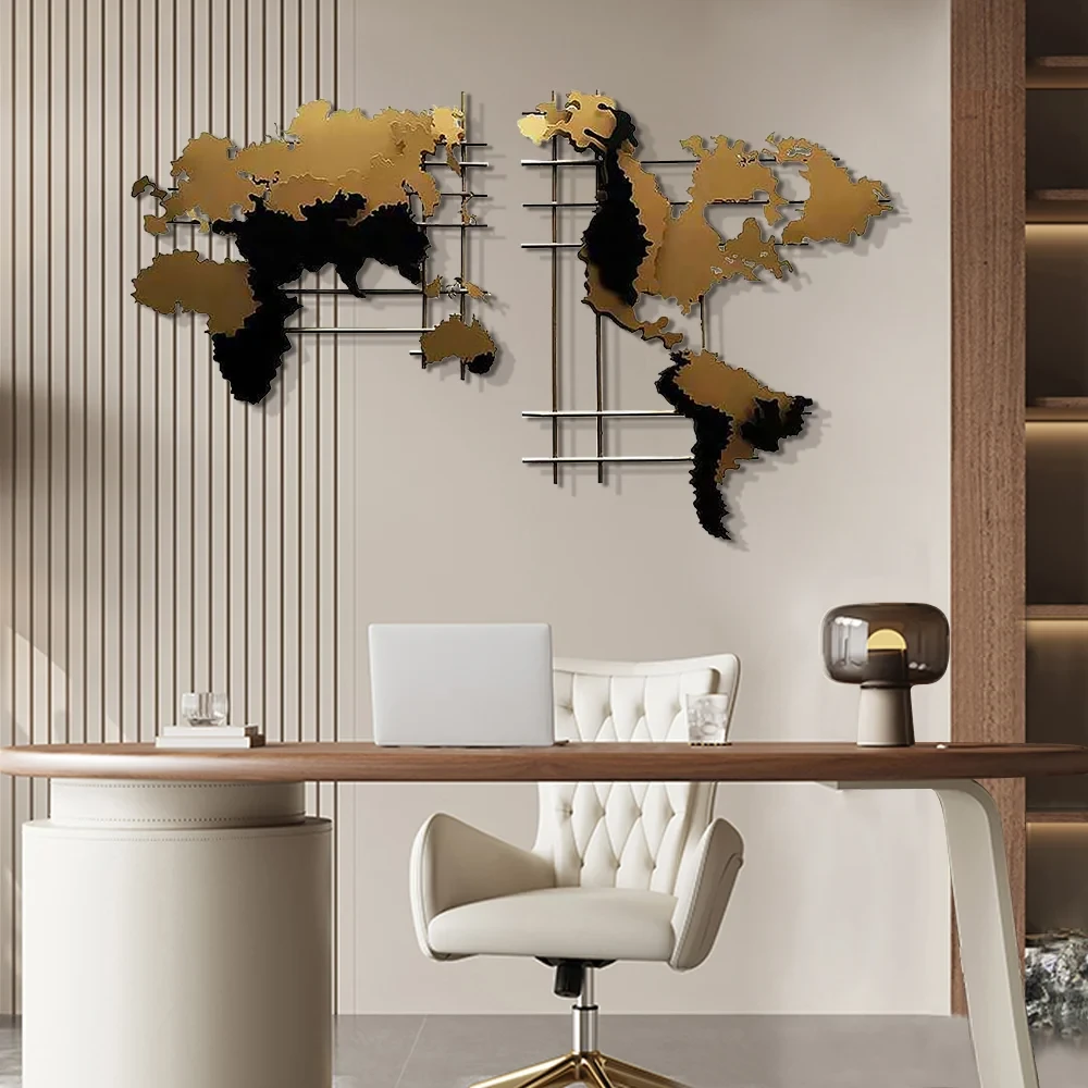 Modern 3D Sarı ve Siyah Metal Dünya Haritası