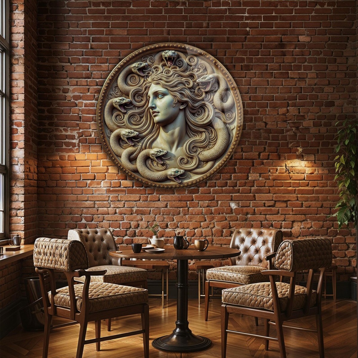 Temperli Cam Medusa Duvar Sanatı: 3D Yuvarlak Mitolojik Dekor